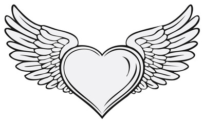 Fototapeta premium Stylized heart shape with feathered wings in outline drawing for graphic design