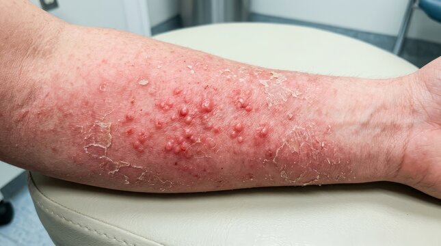 Close up view of a human arm displaying severe skin inflammation with red bumps and peeling skin in a medical clinic setting