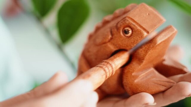 Close up of wooden frog guiro in hand near green plants. Wooden lucky toad toy, animal, money frog. Natural musical instrument, eco friendly toy and relaxing hobby concept with organic materials. 
