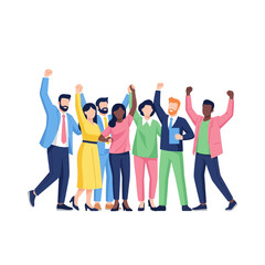 Obraz premium Diverse team celebrating success, raising hands in unity and joy, vector illustration