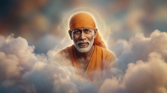 Portrait of Indian Spiritual Master Sai Baba Appearing in Ethereal Clouds with Divine Aura for Religious Devotion and Peace