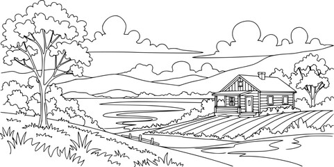 Fototapeta premium Rural landscape continuous one line vector drawing. Lake house in the woods hand drawn silhouette. Country nature panoramic sketch. Village minimalistic contour illustration.