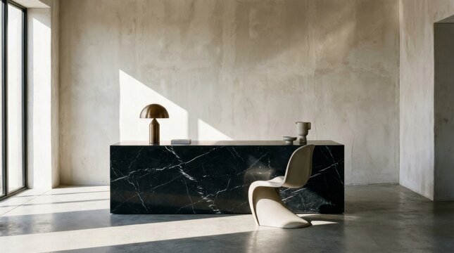 Monolithic Design: Nero Marquina marble desk in a raw plaster room
