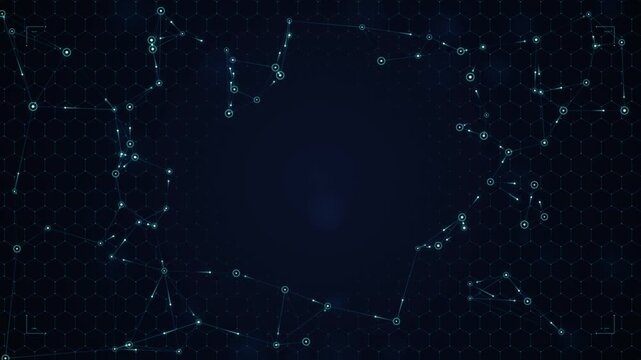 Seamless Looping Futuristic Corporate Data Network Background with Glowing Nodes and Hexagonal Grid