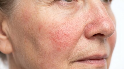 Fototapeta premium Detailed macro shot of an older woman displaying facial redness and visible capillaries on her cheek and nose against a clean white studio background