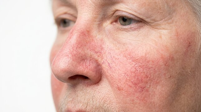 Close up profile view of an older adult male with rosacea a chronic facial skin condition showing redness and visible capillaries in a studio setting