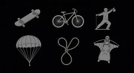 Six gray icons of recreational equipment against a stark black background