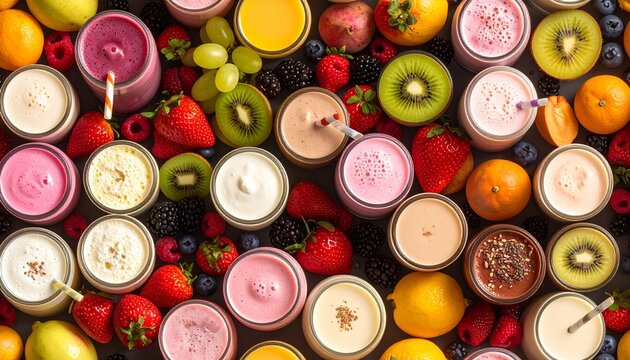 Colorful fruit smoothies with various fruits