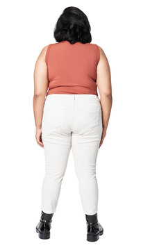 Woman facing backward png fashion mockup orange top white jeans apparel