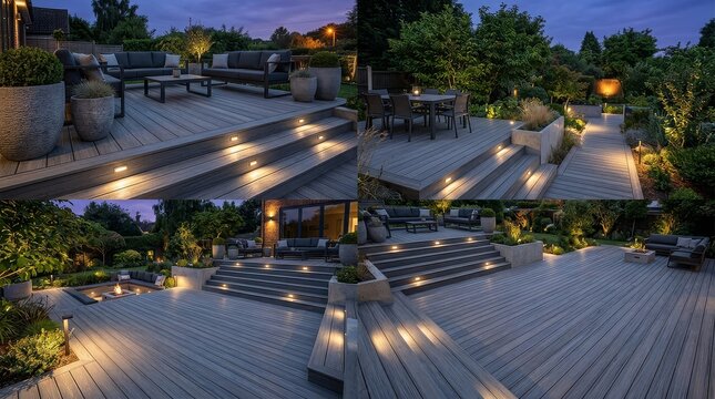 Beautiful multi level composite deck and patio area illuminated at twilight creating an inviting outdoor living space in a modern residential garden