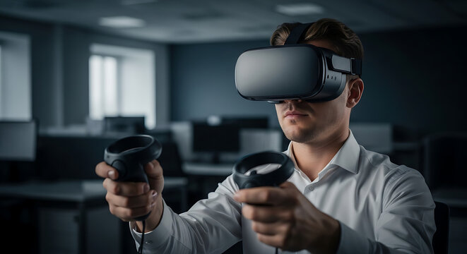Man wearing VR headset and holding controllers in a modern office setting, engaged in virtual reality experience