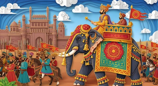 Digital paper cut style illustration featuring a majestic Indian monarch atop a ceremonial elephant during a grand royal parade with historical fort architecture and armed guardsmen.