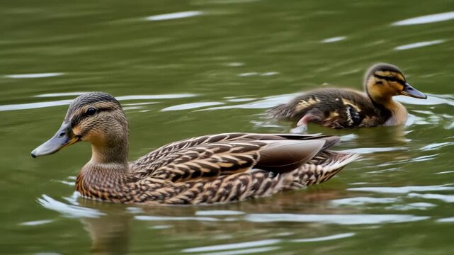 A serene image of two ducks swimming together in calm greenish water
