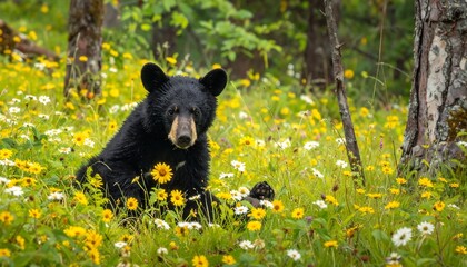 Fototapeta premium A black bear sitting amidst a field of vibrant yellow and white wildflowers