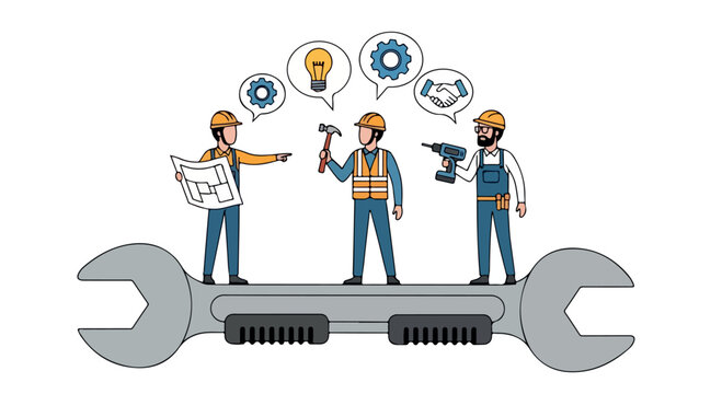 Illustration of three workers in hard hats and safety vests standing on a giant adjustable wrench with thought bubbles containing tools and gears against a clean white background.