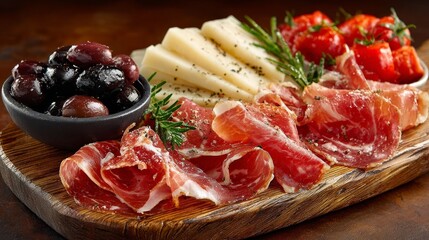 Obraz premium Elegant charcuterie board with prosciutto, cheese, olives, and tomatoes on wooden platter with soft beige background, ultra-realistic gourmet food presentation