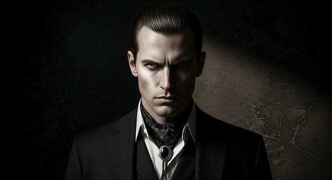 Enigmatic portrait of a stern, powerful man in a dark suit, his piercing gaze and sophisticated demeanor hinting at a modern guardian or a mysterious gatekeeper