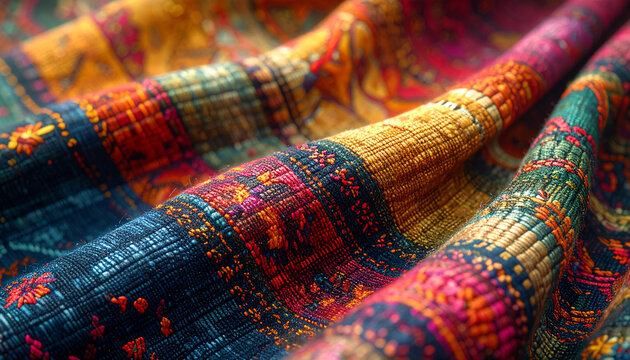 Close up of vibrant textile with detailed patterns and rich colors
