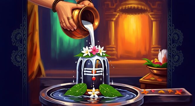 Sawan Somvar Hindu Festival Digital Painting Depicting Sacred Milk Pouring Ritual on Shivling Deity with Vibrant Colors Artistic Spiritual Devotion Illustration for Shravan Month Celebration