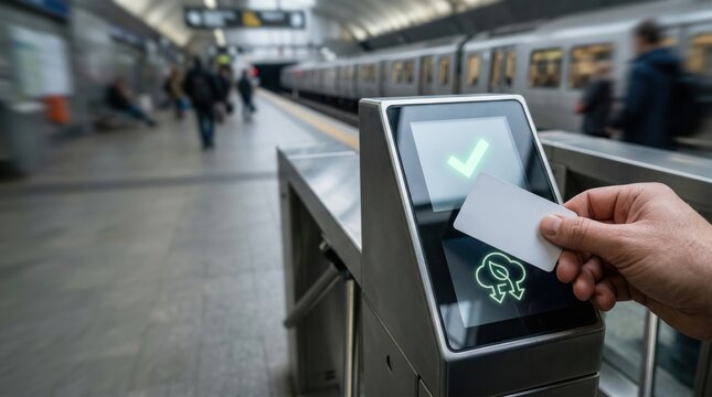Hand tapping transit card at subway gate showcasing eco friendly public transportation access and smart urban commuting