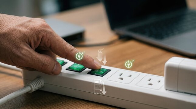 Hand pressing smart power strip switch to activate energy saving mode and reduce standby electricity use in home office