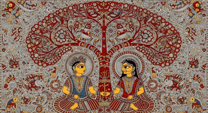 Intricate Traditional Madhubani Folk Art Illustration Depicting a Royal Indian King and Queen Couple Sitting Serenely Under an Ornamental Tree with Vibrant Patterns and Digital Detailing