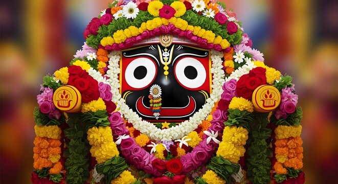 Sacred Hindu deity Lord Jagannath wooden idol richly decorated with vibrant floral garlands symbolizing religious devotion spiritual faith and traditional festive celebration