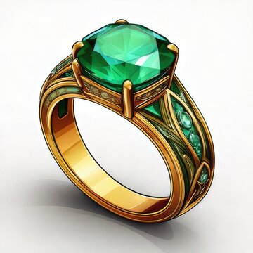Golden ring with emerald, intricate details, white bkg