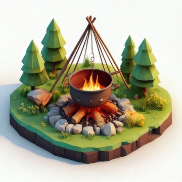 Low-poly camping scene with a cooking pot over fire
