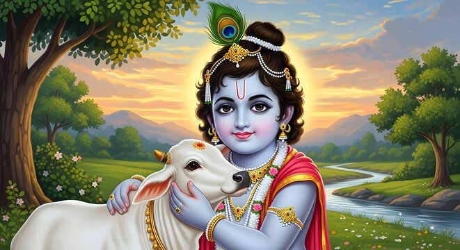 Vibrant digital painting of young Lord Krishna cradling a sacred calf in a serene pastoral landscape, capturing divine love, spiritual harmony, and ancient Indian mythological grace.