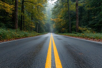 Fototapeta premium Serene Rainy Road Through Lush Green Forest with Mist and Autumn Foliage in Background