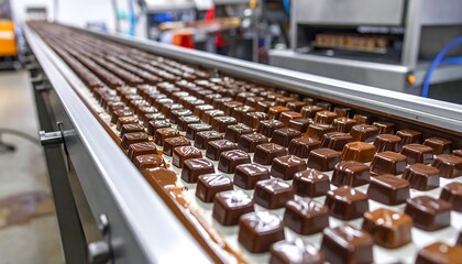 Fototapeta premium A close-up view of a conveyor belt transporting rows of chocolates