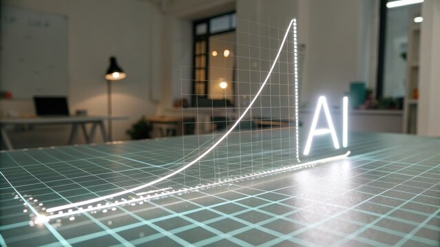 Exponential curve symbol illustrates rapid growth of AI technology in modern workspace with glowing lines and futuristic design