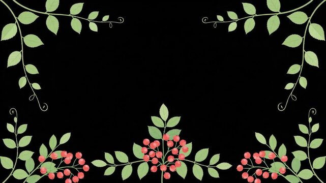 Elegant botanical frame with cascading berries and leaves on a black background, perfect for invitations and graphic design projects