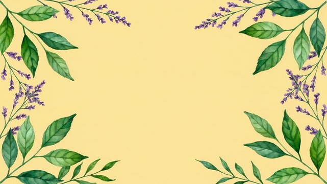 Decorative green leaves and purple flowers frame a soft yellow background, perfect for spring and summer designs