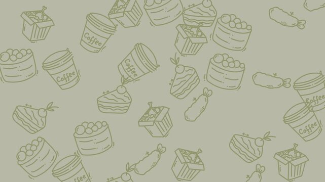 Pattern of diverse bakery goods like cups and cake, ideal for coffee shop menus, food blogs, and bakerythemed designs.