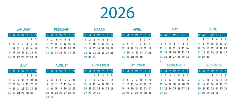 2026 calendar template with blue rectangle box | Six column month arrangement calendar visualization 2026