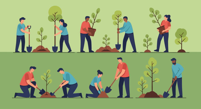 People Planting Trees and Saplings Collection, Reforestation and Volunteering for Environmental Sustainability Concept Vector Illustration