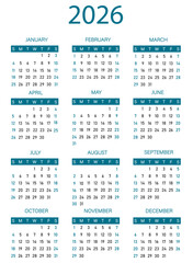 2026 calendar template with teal rectangle box | Three column month arrangement calendar visualization 2026 | Black and Crimson Violet text vector illustration