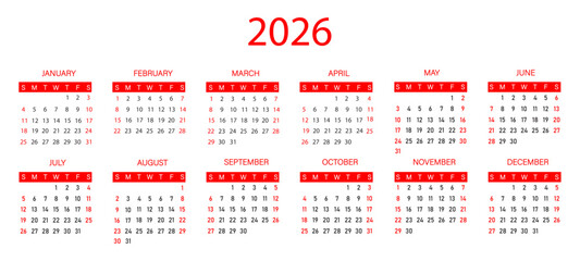 2026 calendar template with red rectangle box | Six column month arrangement calendar visualization 2026 | Black and red text vector illustration
