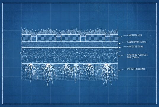 Permeable Pavement Cross-Section Blueprint Diagram Illustrating Sustainable Urban Infrastructure Design