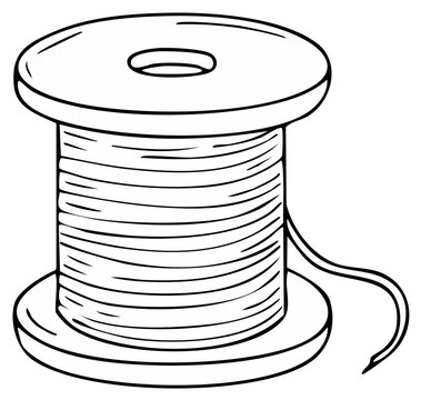 Hand drawn illustration of a spool of thread with a single strand unwinding
