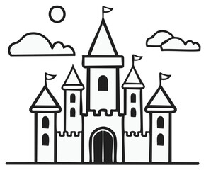 Obraz premium Whimsical hand drawn castle illustration with towers flags and a sun in a simple cartoon style