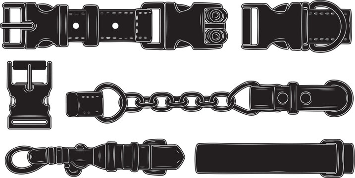 Collection of various black leather belt buckles and straps