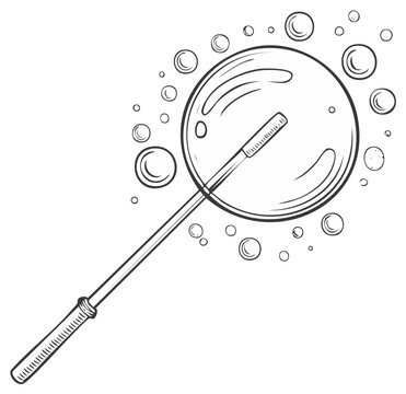 Hand drawn sketch of a bubble wand creating shimmering soap bubbles in a playful design