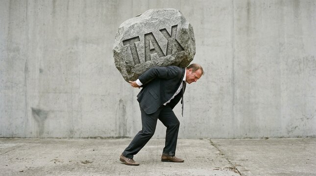 Businessman Carrying Heavy Tax Burden Concept on Dry Cracked Ground