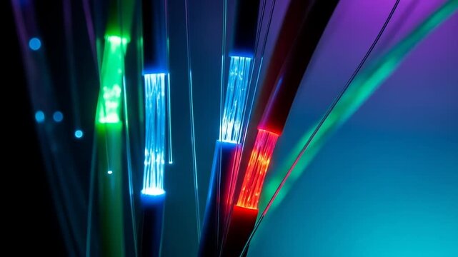 A close-up of colorful fiber optic cables with glowing ends