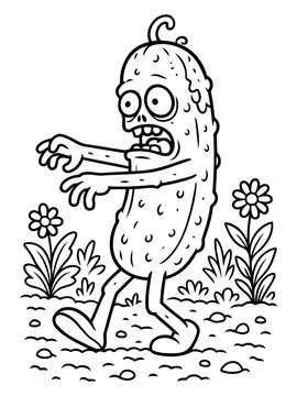 Pickle Character in a Garden: A quirky and whimsical pickle character, stands amidst a simple garden setting, exuding an air of surprise or confusion. This illustration offers a fun.