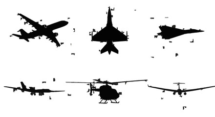Black silhouettes of airplanes and helicopter. Suitable for aviation industry designs, travel posters, or transportationthemed projects. Skyward adventure themes. © Hadi