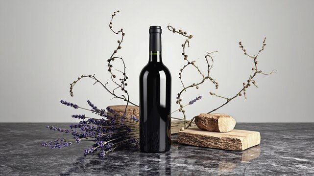 Elegant wine bottle with decorative elements on a textured surface